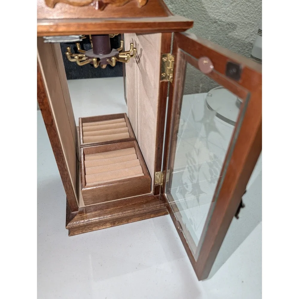 Vintage Wooden‎ Jewelry Cabinet Necklace Ring Etched Glass & Mirror